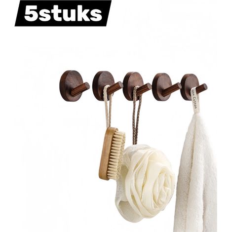 Lot de 5 crochets muraux décoratifs en bois, parfaits pour suspendre une serviette de salle de bain, un porte-manteau ou un meuble. Couleur : marron foncé. (1/5)