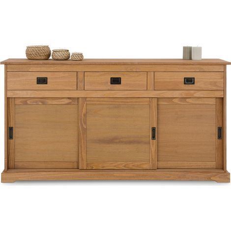 Idimex – Buffet en pin massif brun – 3 tiroirs et 3 portes coulissantes – Dimensions monté 84 x 160 x 45 cm – Étagère réglable