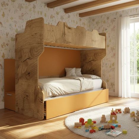Letto a castello con scala contenitore e terzo letto estraibile - Cameretta salvaspazio - Quercia e zolfo