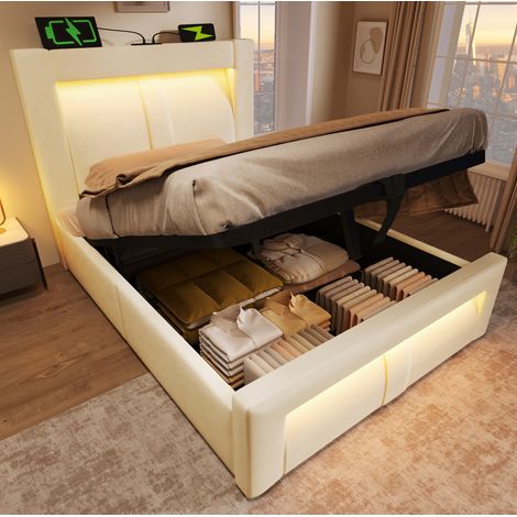 Cama 90x200 cm beige tapizada en terciopelo, con almacenaje, LED y colchón (1/5)