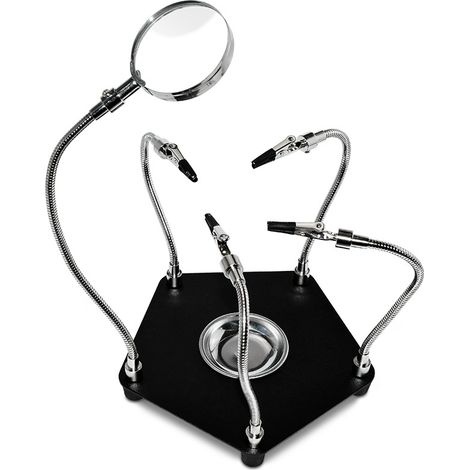 Soporte de soldadura de tercera mano con lupa, 4 brazos flexibles y pinzas de cocodrilo. Ideal para reparaciones, modelismo, placas de circuitos impresos, manualidades y joyería.