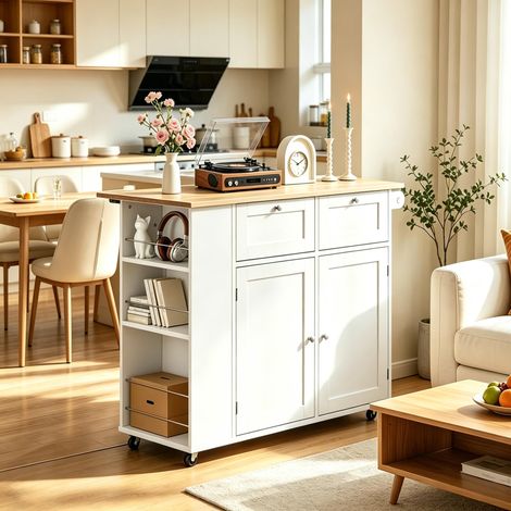 Îlot de cuisine moderne avec plan de travail rabattable, meuble d'appoint, armoire de rangement, desserte de cuisine (1/4)