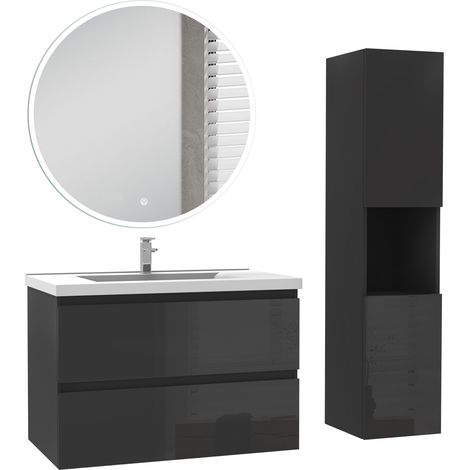 Ocean Ensemble de Meuble salle de bain 79cm + miroir led rond + colonne 131.5cm, noir Haut Brillant