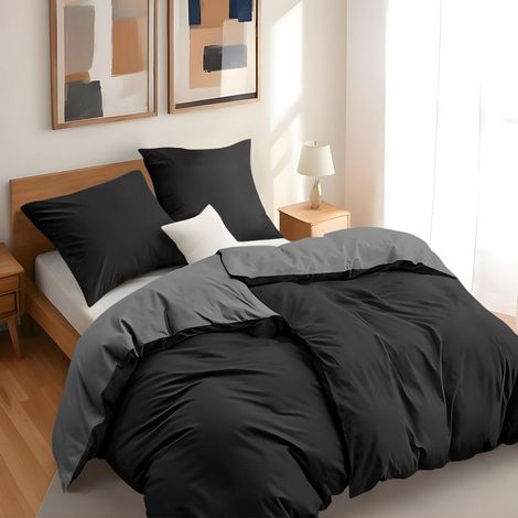 2 Housse de Couette 135x200 cm avec 2 Taie Oreillers 80x80 cm - Noir/Gris Foncé - Parure de Lit 135x200 en 100% Microfibre - 4 Pièces - Certifié sans Produits Chimiques (Oeko TEX) (1/5)