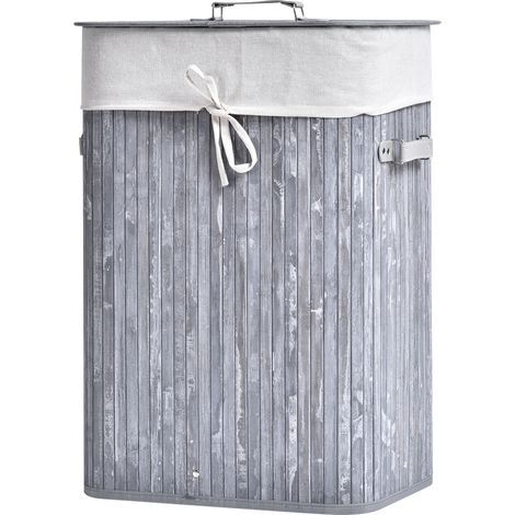 Panier linge couvercle 72L pliable bambou gris, Collecteur lavable avec poignées 40x30x60cm (1/4)