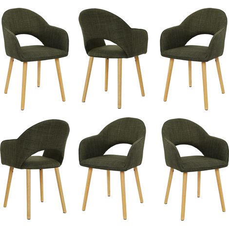 Goeurvant Chaises de salle à manger confortables en tissu effet lin avec dossier en forme de croissant et accoudoirs ergonomiques, L'alliance parfaite de soutien et de style - Lot de 6 - Vert olive
