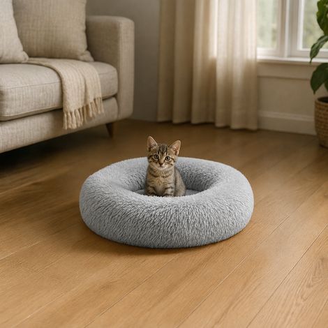 belviona Donut Katzenbett, weiches Katzenkörbchen mit flauschigem Plüsch, rutschfest & gemütlich, 40 cm Durchmesser, hellgrau (1/4)