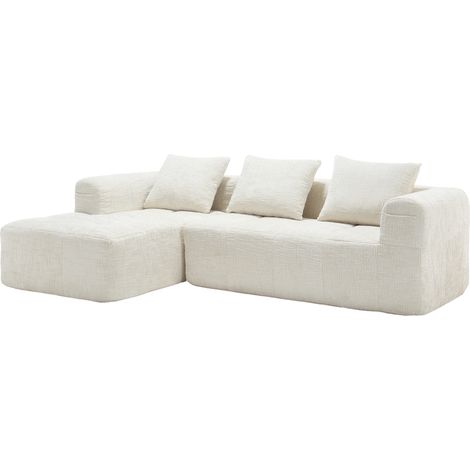 L-förmiges Ecksofa aus beigem Chenille mit Chaiselongue, 3 Kissen, Seitentaschen (1/5)