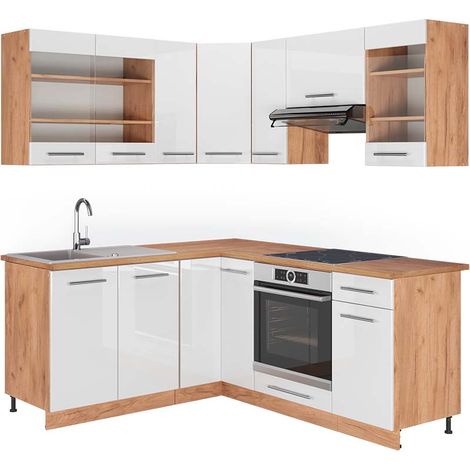 Cucina angolare completa Fame-Line, Bianco lucido/oro power oak, 160 x 190 cm , PL Rovere, Vicco
