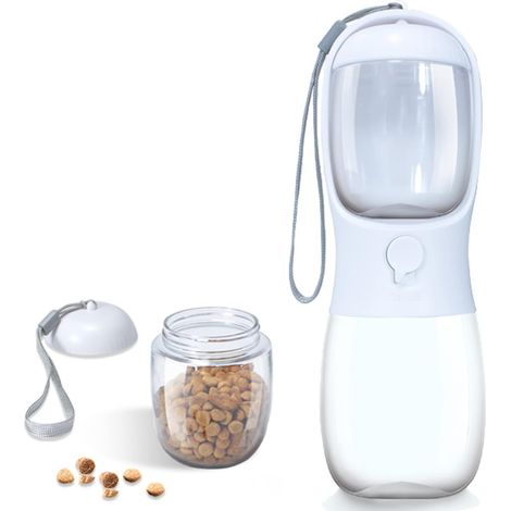 Dog Water Bottle with Food Container, 300ml Portable Leak-Proof Travel Water Bottle for Small Medium Pets (White)
