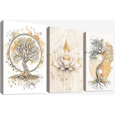 Wooden Frame Canvas Print Tree of Life Yin Yang Picture on Canvas Buddhism Zen Lotus Flower Beige Picture Wall Decoration Living Room Bedroom Bathroom 30 x 40 cm (1/5)