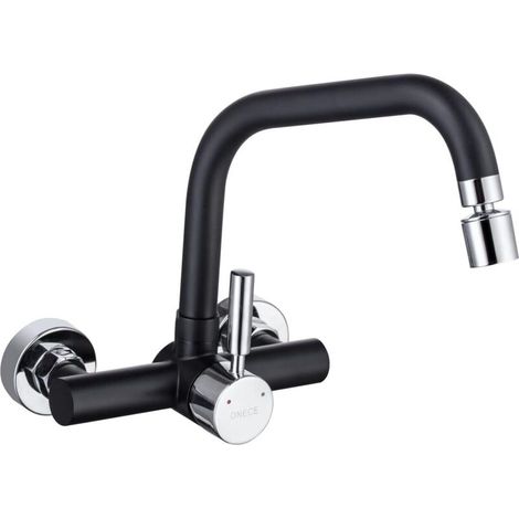 Grifo de cocina mural negro con 2 chorros de agua, grifo mezclador para fregadero de cocina de acero inoxidable 304, grifo de cocina con caño giratorio, grifo mezclador monomando oculto negro con giro (1/4)