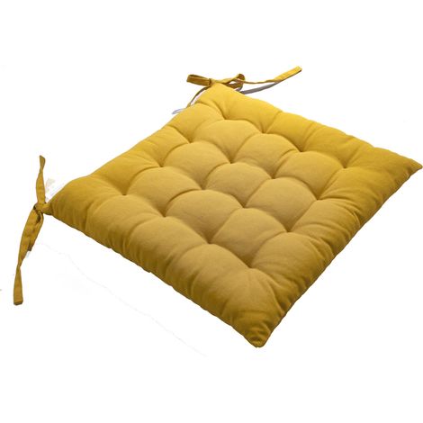 Homemaison – Galette de chaise 38x38cm épaisseur 3cm – 100% coton jaune moutarde – Fixation par nouettes – Confort moderne et classique