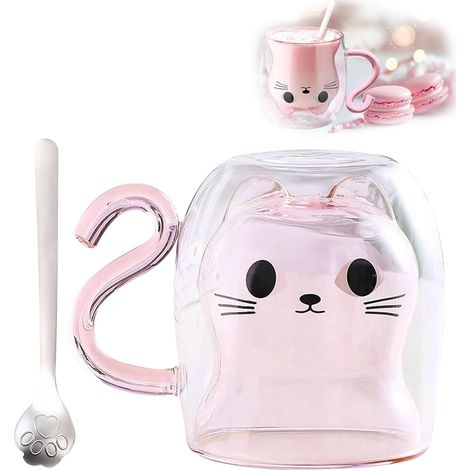 Taza rosa de doble pared con diseño de gato, 250 ml, para té/café/infusiones, idea de regalo. (1/5)