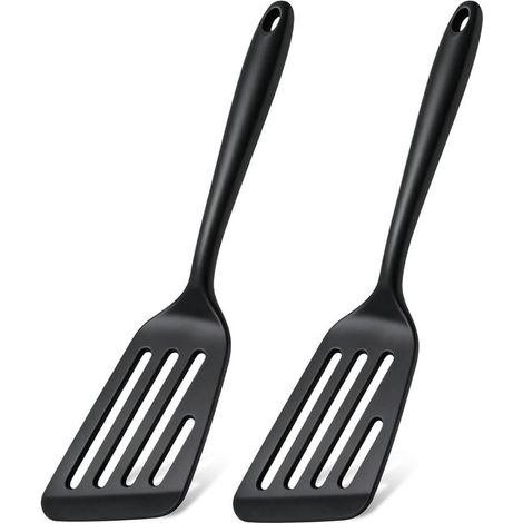 Spatule de wok - 2 pièces - Spatules - Antiadhésive - Spatule en silicone - Antidérapante - Suspendable - Noire - 34,5 cm - Lavable au lave-vaisselle - Ustensiles de cuisine - Spatule de cuisson (1/5)