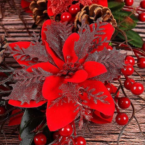 Autres décorations de Noël : 10 poinsettias artificiels rouges pailletés de 15 cm pour couronne et sapin de Noël. (1/5)