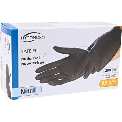 HYGONORM SAFE FIT BOX MIT 200 PUDERFREIEN NITRILHANDSCHUHEN S SCHWARZ XL FRANZ MENSCH 261008 (1/5)
