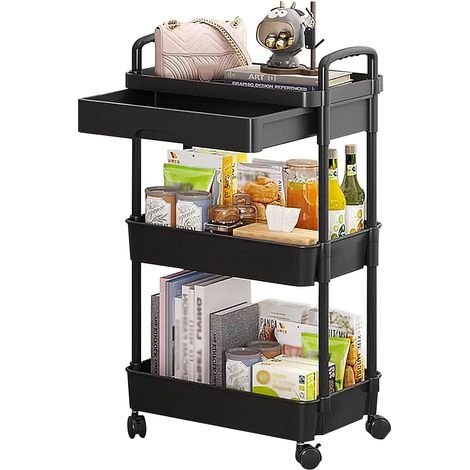 3-stöckiger Aufbewahrungswagen – 1 Stück – Schwarzes Metall und Kunststoff – Belüftete Körbe und feststellbare Rollen – Küche, Bad, Büro – 41 x 30 x 76 cm (1/5)