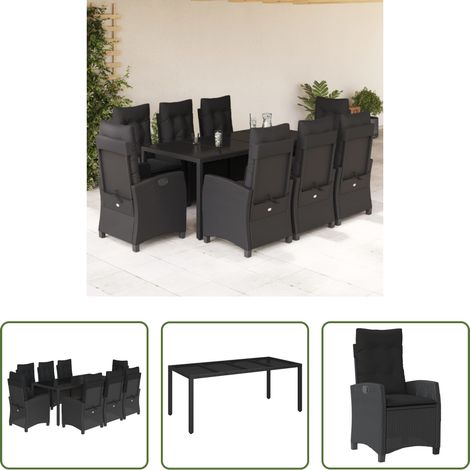 Gartentisch - 9-tlg. Garten-Essgruppe mit Kissen Schwarz Poly Rattan (1/5)
