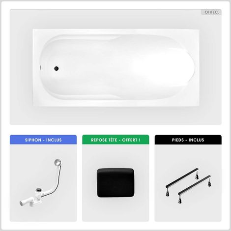 Baignoire rectangulaire - 160 x 70 cm - sans Habillage - avec Pieds - Repose-tête - Vidage Chrome - BONA (1/5)