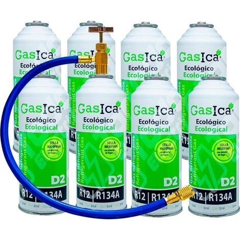 4 pack ahorro (2x226Gr) Botellas Gas Refrigerante Gasica D2 sustituto de R12, R134A más manguera con llave recarga Gas (1/5)