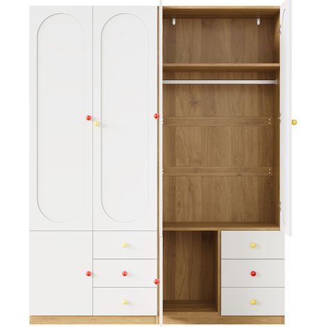 CAIziArmoire à 2 portes avec tiroirs, armoire de rangement pour chambre, mobilier pour chambre d’enfant, avec penderie, poignées en céramique colorées, blanc, finition laquée, lot de 2, 160×45×200 cm