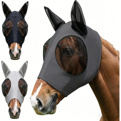 Lot de 2 masques anti-mouches pour cheval, super confortables, extensibles, avec oreilles et trou de tête, matériau élastique, respirant, léger, protection UV, doux et ajusté (noir + gris) (1/5)