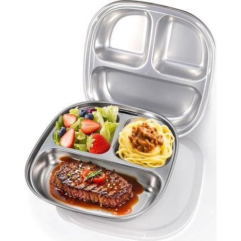 Lot de 2 plateaux de repas pour enfants en acier inoxydable 304, 3 compartiments, sans BPA, adaptés au contact alimentaire et au lave-vaisselle (1/5)