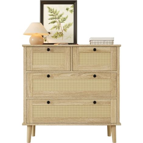 Commode à quatre tiroirs, tiroirs en rotin, meuble de rangement, pieds en bois massif.