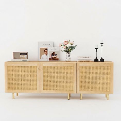 ELVMI Buffet Modulaire 3 Portes avec Étagères, Poignées Dorées, Pieds Métalliques, MDF, 180x40x63 cm, Naturel (1/5)