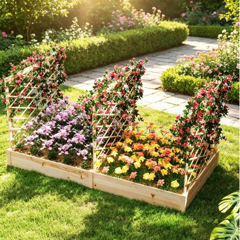CHICFURN Bac potager surélevé 222 x 114 x 109 cm en bois naturel avec 3 treillis modulaires (1/5)