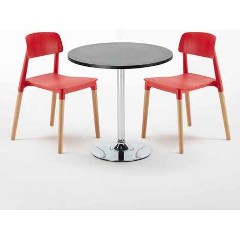 Table Ronde Noire 70x70 et 2 Chaises Colorées Bar Café Barcellona Cosmopolitan - Rouge (1/5)