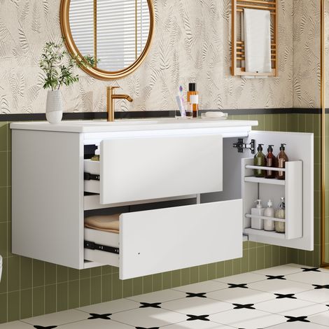 Mobile bagno sospeso sotto lavabo 91,5x46,5x50,5 cm con LED a sensore radar e 2 cassetti, bianco (1/5)