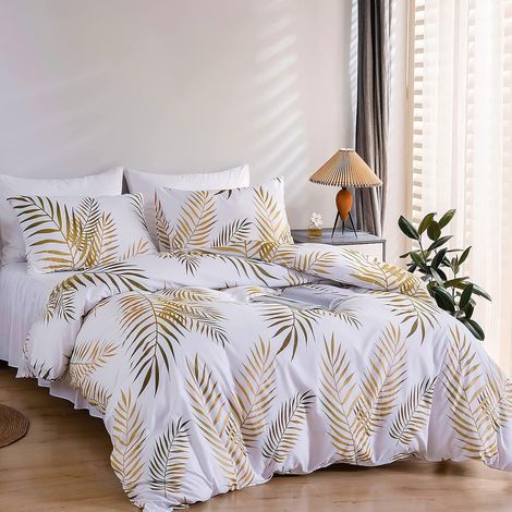 Bettbezug-Set 220 x 240 cm, tropische Blätter, goldenes botanisches Muster, 2 Personen, und 2 Kissenbezüge 65 x 65 cm, 100 % Mikrofaser, Bettwäsche-Set mit Reißverschluss, Weißgold (1/5)