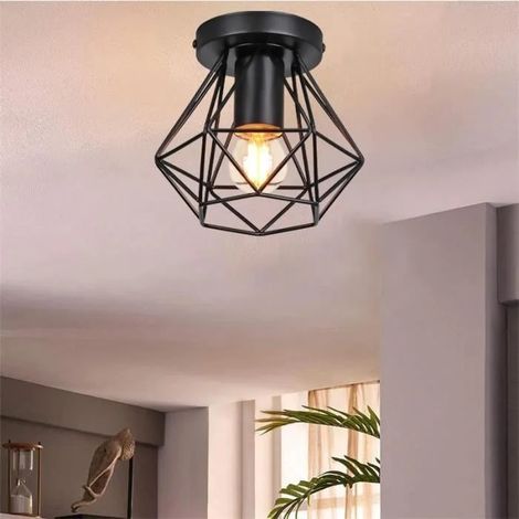 U-Do Rétro Lampe de Plafonde Luminaire Industriel E27 Plafonnier Cage en Fer Noir (1/4)