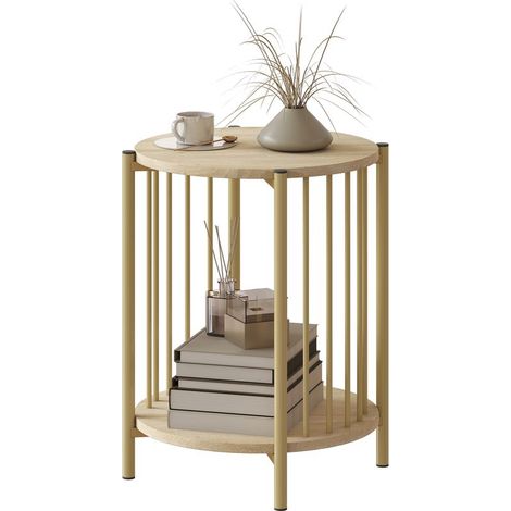Table d'appoint, bout de canapé à 2 niveaux avec étagère de rangement et cadre en acier, Ø 41 x 49 cm effet bois naturel (1/5)