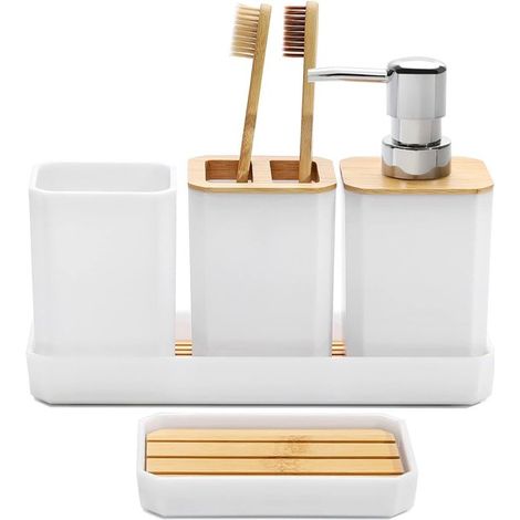 Accessori da bagno (set da 5 pezzi): dispenser di sapone e portaspazzolino, stile boho moderno, bianco (1/5)