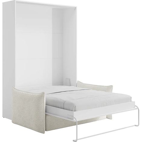 Lit escamotable 160 x 200 cm - Ouverture verticale manuelle - Blanc + Canapé en tissu bouclette beige - BEGANIO (1/5)