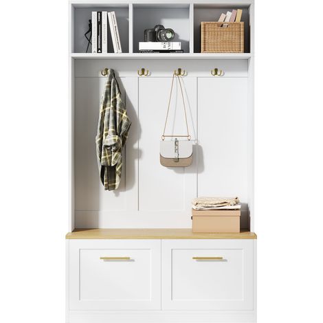 Möbelset für Flur mit Sitzbank, 2 Türen, Offenen Fächern und 4 Haken, Modern, aus MDF, Natur und Weiß, 105×40×180 cm (1/5)