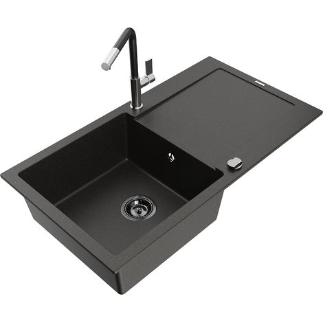 Mexen Leo lavello in granito a 1 vasca con scolapiatti e rubinetto da cucina Flora, nero/oro metallizzato - 6501-75-670401-07-B (1/5)