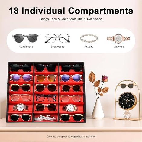 18 Slot Sunglasses Organizer, Eyeglass Holder Box with Flip & Fold Lid, Display Case for Sunglasses & Watch (1/5)