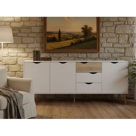 Dmora Aparador con tres puertas y tres cajones, blanco y roble, Medidas 195 x 81 x 39 cm, con embalaje reforzado (1/5)