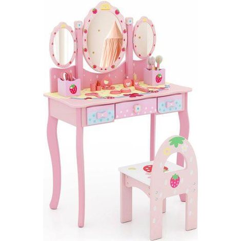 Coiffeuse enfant rose 2 en 1 avec miroir triple pliant et chaise transformable en bureau avec rangements pour chambre et salle de (1/5)