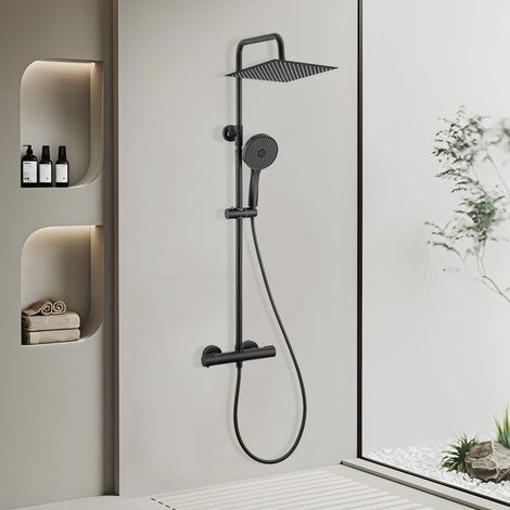 Auralum Max Colonne Douche Thermostatique, tête douche carrée 30 x 30 cm, Pommeau Douche ronde 5 Jets, Douche Pluie Réglable en Hauteur, avec Mitigeur en cuivre, Noir (1/5)