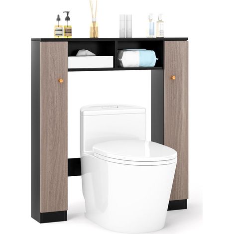 Montage facile meuble au-dessus des toilettes noir, rangement WC avec 2 niches ouvertes et 4 étagères réglables (1/5)