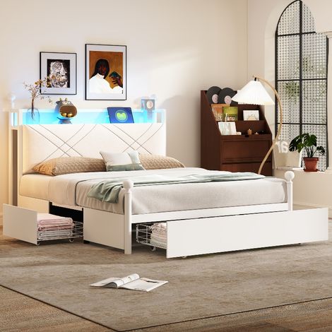 Himmelbett 140x190 mit Stauraum und LED-Beleuchtung, multifunktionales Doppelbett mit USB-Anschlüssen, 3 Schubladen und abnehmbarem Gestell, Weiß (1/5)