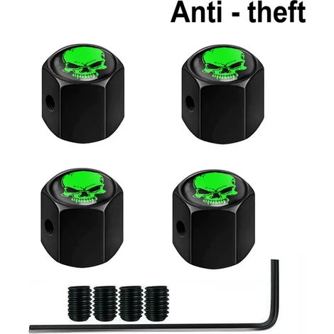 (Crâne noir et vert) 4 bouchons de valve antivol pour pneus de voitures, camions et motos. Bouchon de valve en forme de doigt d'honneur, joint anti-poussière et verrouillage étanche. (1/5)