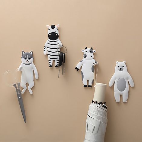 Set mit 4 flexiblen, rückstandsfrei haftenden Gummihaken für multifunktionale Küchenregale, mit kreativen Cartoon-Tierformen. (1/5)