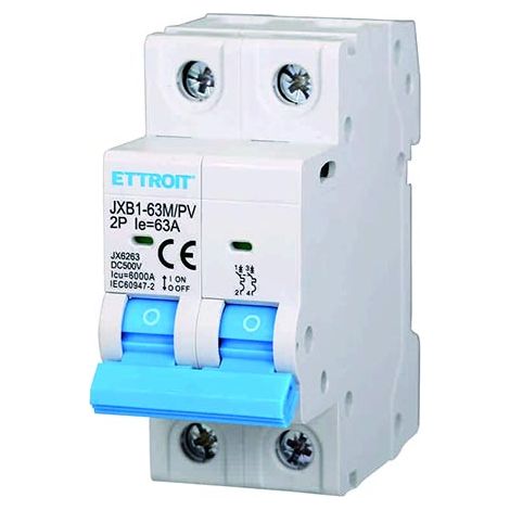 Interrupteur Thermique Magnétique Photovoltaïque 2P DC 500V 63A 6kA Occupe 2 Modules DIN Ettroit JX6263