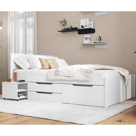 Letto alla Francese 140x200 cm in Legno Bianco con Cassetti Comodino (1/5)